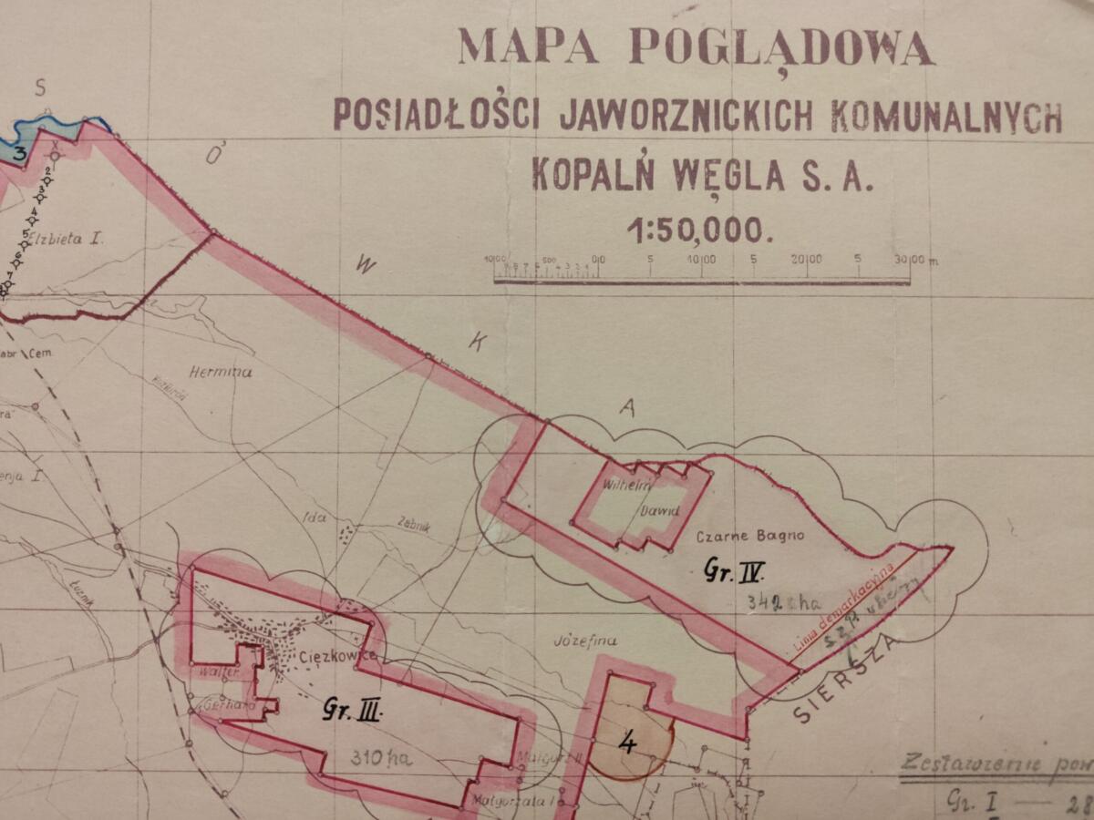 Fragment mapy poglądowej posiadłości Jaworznickich Komunalnych Kopalń Węgla S.A. (czasy 20-lecia międzywojennego) 